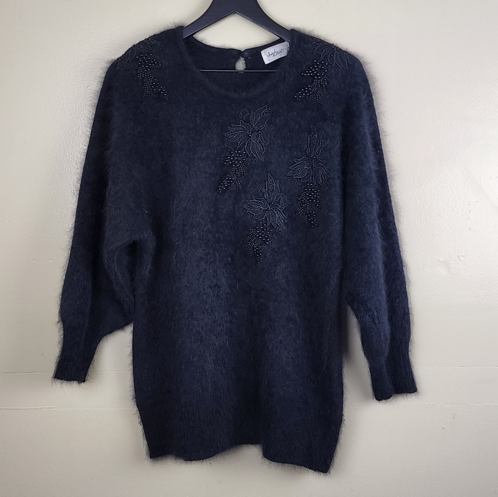 Vintage Embroidered Beaded Applique Angora Blend Black Sweater Size Medium/Large